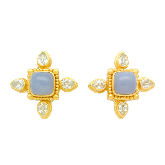 "Konstantin Cross Stud" Earrings (Holly Blue Agate, White Natural Zircon, 22k Gold)