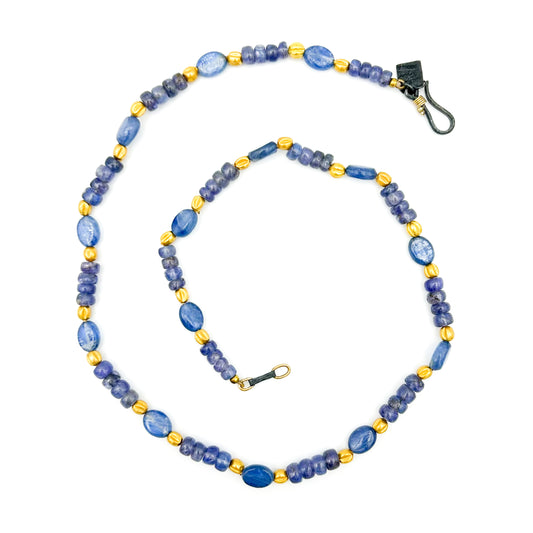 "Lola Blue" Necklace (Tanzanite, Kyanite Beads, 22k, 18k Gold, Oxidized Sterling Silver)