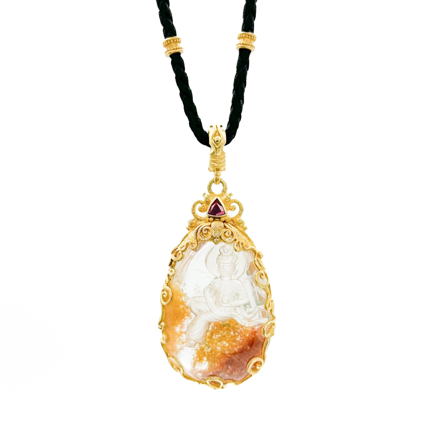 "Seat of Heaven" Pendant (Hand-Carved Quartz Crystal, Ruby, 22k Gold)