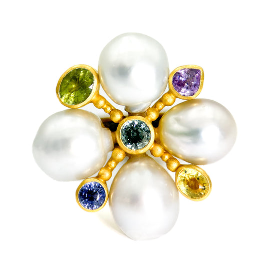 "Queen of the South Seas" Ring (Keshi Pearl, Sapphire, 22k, 18k Gold, Sterling Silver)
