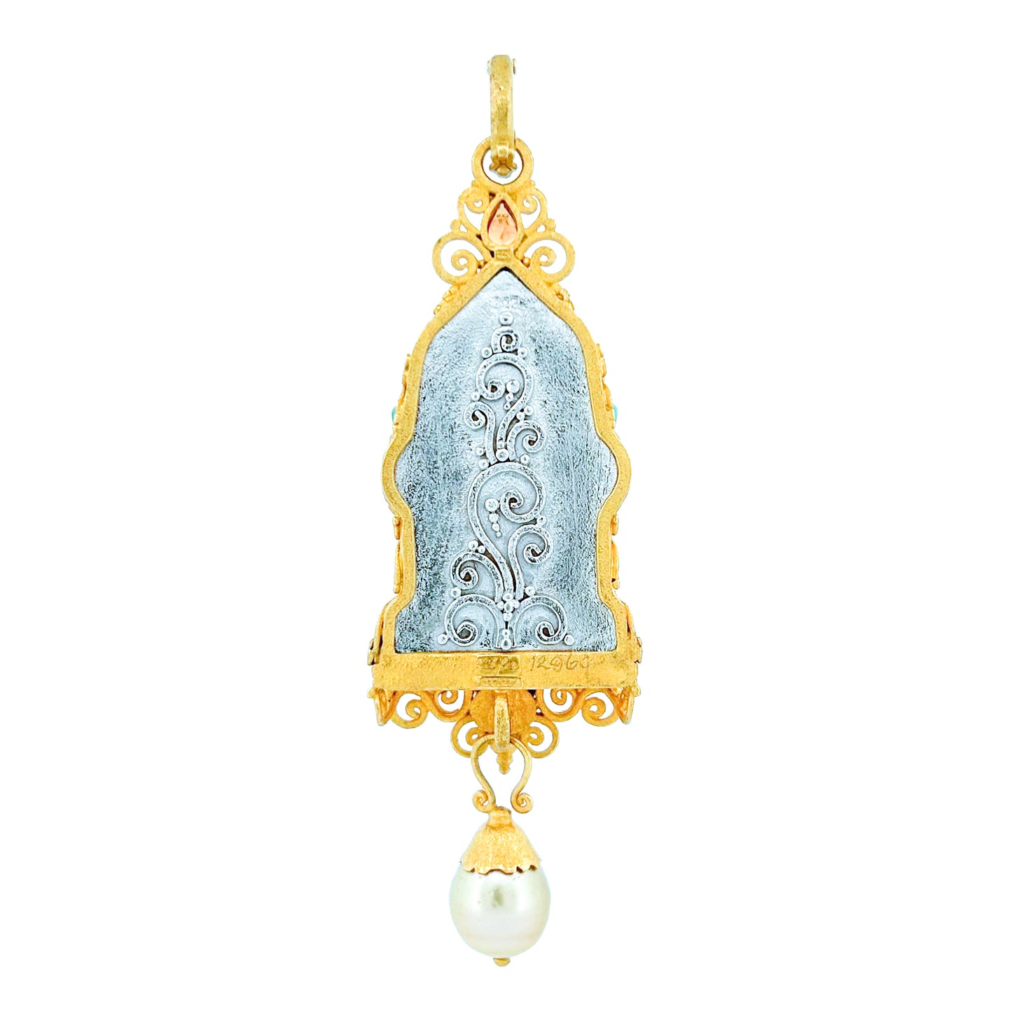 "Candi Shrine Buddha" (Chrysoprase, Carnelian Agate, Sapphire, Emerald, Pearl, 22k, silver)