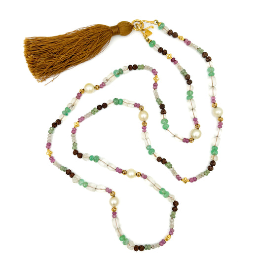 "Kerala" Tassel Mala-style Necklace (Emerald, Chrysoprase, Ruby, Crystal, Rudraksha Seeds, Silk, 22k, 18k Gold)