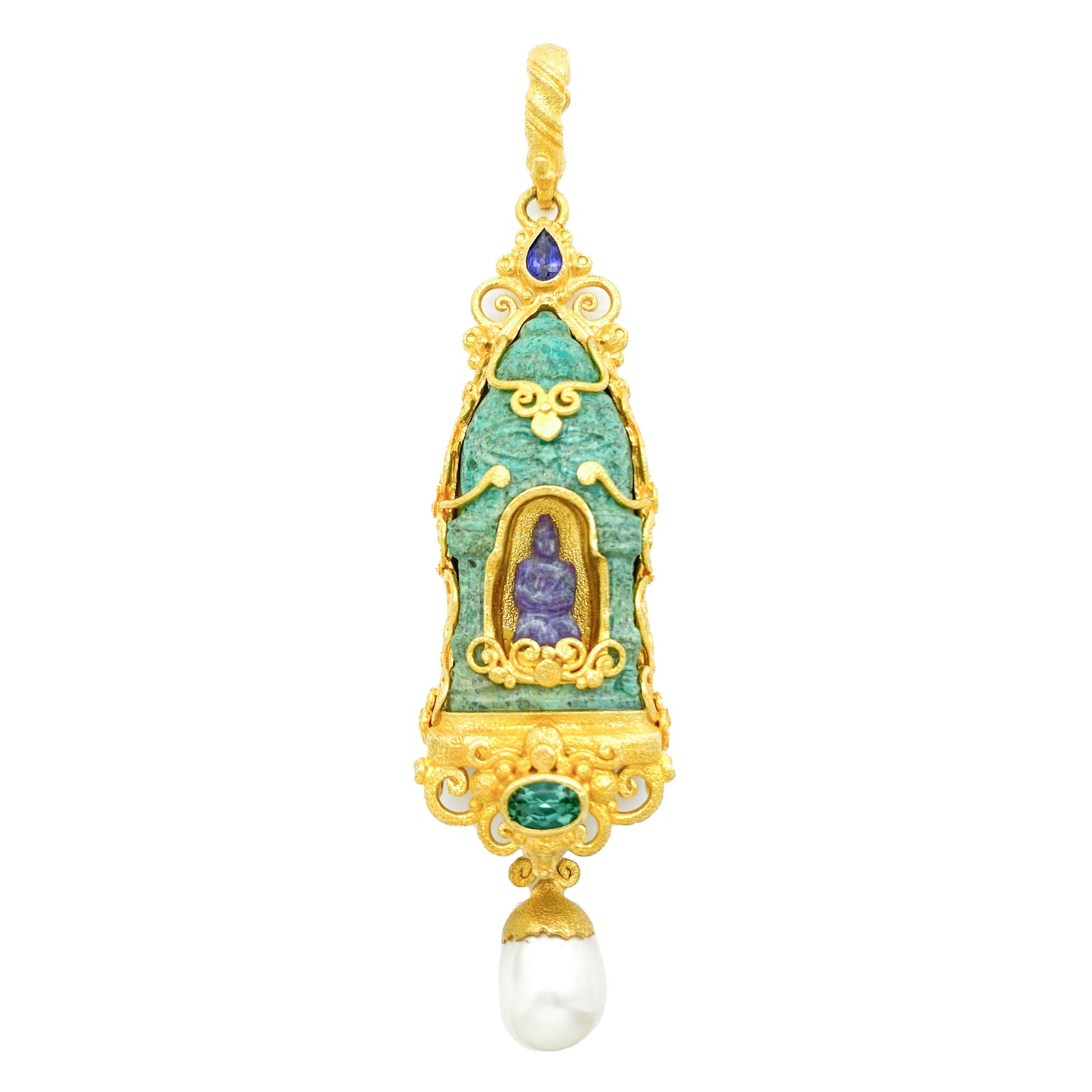 "Candi Seated Buddha" Pendant (Turquoise, Charoite, Sapphire, Apatite, Pearl, 22k Gold Vermeil, Silver)