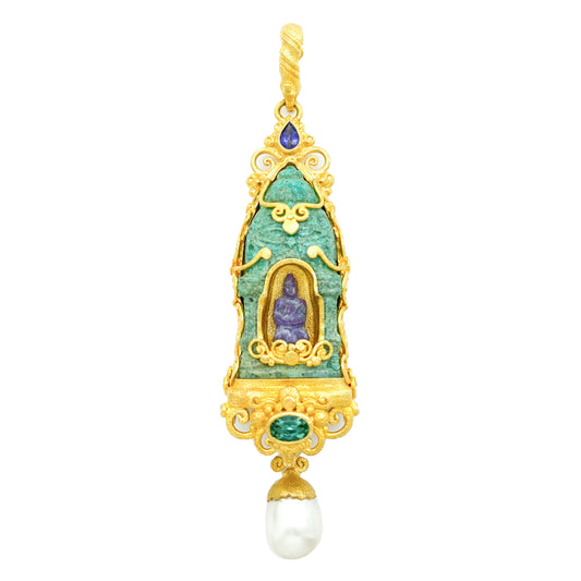 "Candi Seated Buddha" Pendant (Turquoise, Charoite, Sapphire, Apatite, Pearl, 22k Gold Vermeil, Silver)