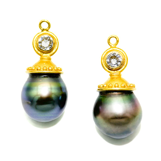 "Katie" Drops for Hook Earrings (Peacock Tahitian Pearls, White Zircon, 22k Gold)