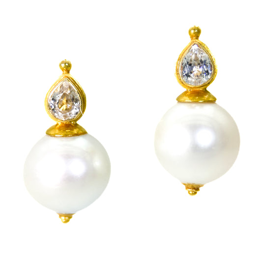 "Katie" Hook Earrings (South Sea Pearl, White Zircon, 22k, 18k Gold)