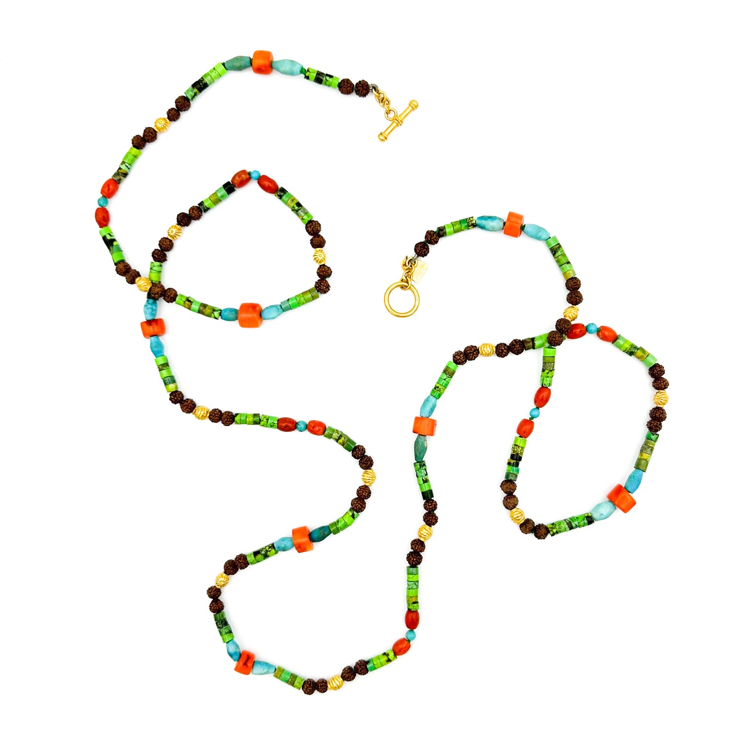 "Woodstock" Necklace (Coral, Turquoise, Gaspeite, Rudraksha, 22k, 18k Gold)