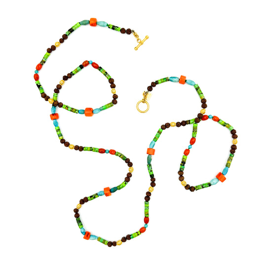 "Woodstock" Necklace (Coral, Turquoise, Gaspeite, Rudraksha, 22k, 18k Gold)