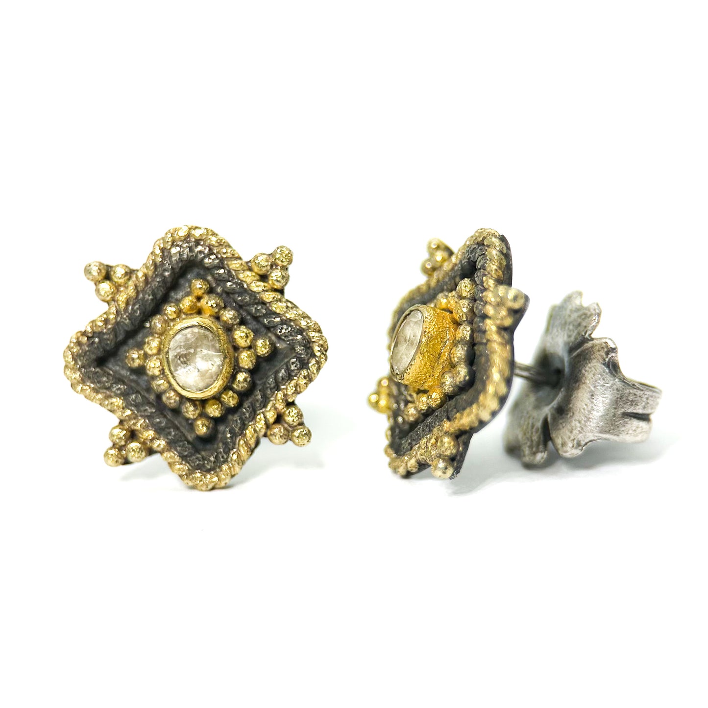 "Tartaria" Stud Earrings (White Sapphire, 18k Gold, Oxidized Sterling Silver)