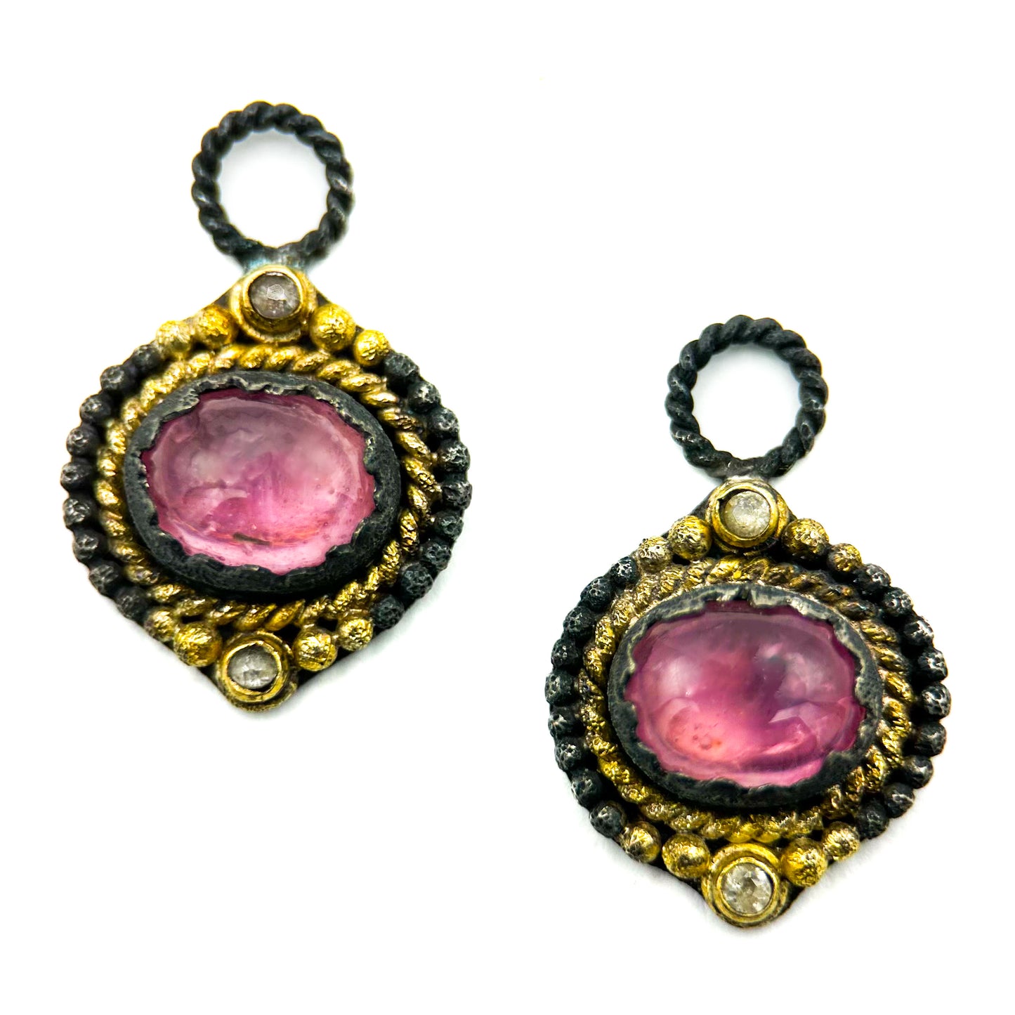 "Equus" Drops for Hoop Earrings (Pink & White Sapphire, 22k Gold, Oxidized Sterling Silver)