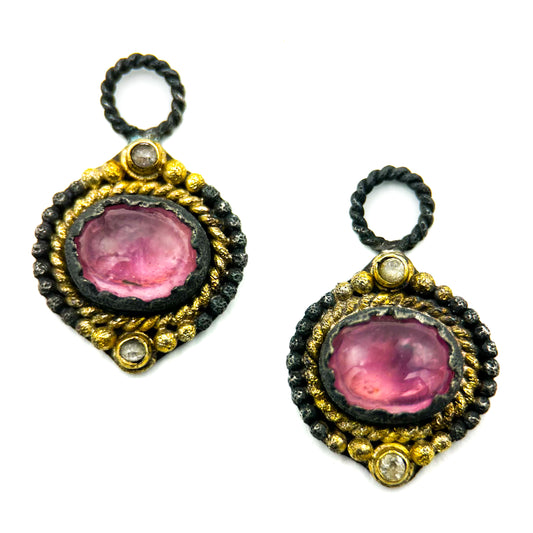 "Equus" Drops for Hoop Earrings (Pink & White Sapphire, 22k Gold, Oxidized Sterling Silver)