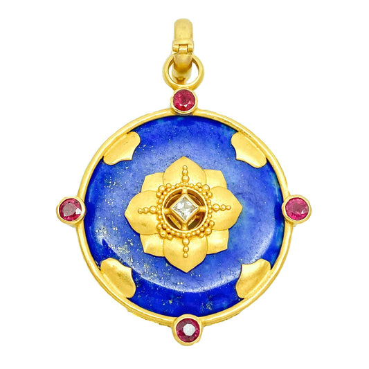 "Compass" Pendant (Lapis Lazuli, Ruby, White Cambodian Zircon, 22k Gold)