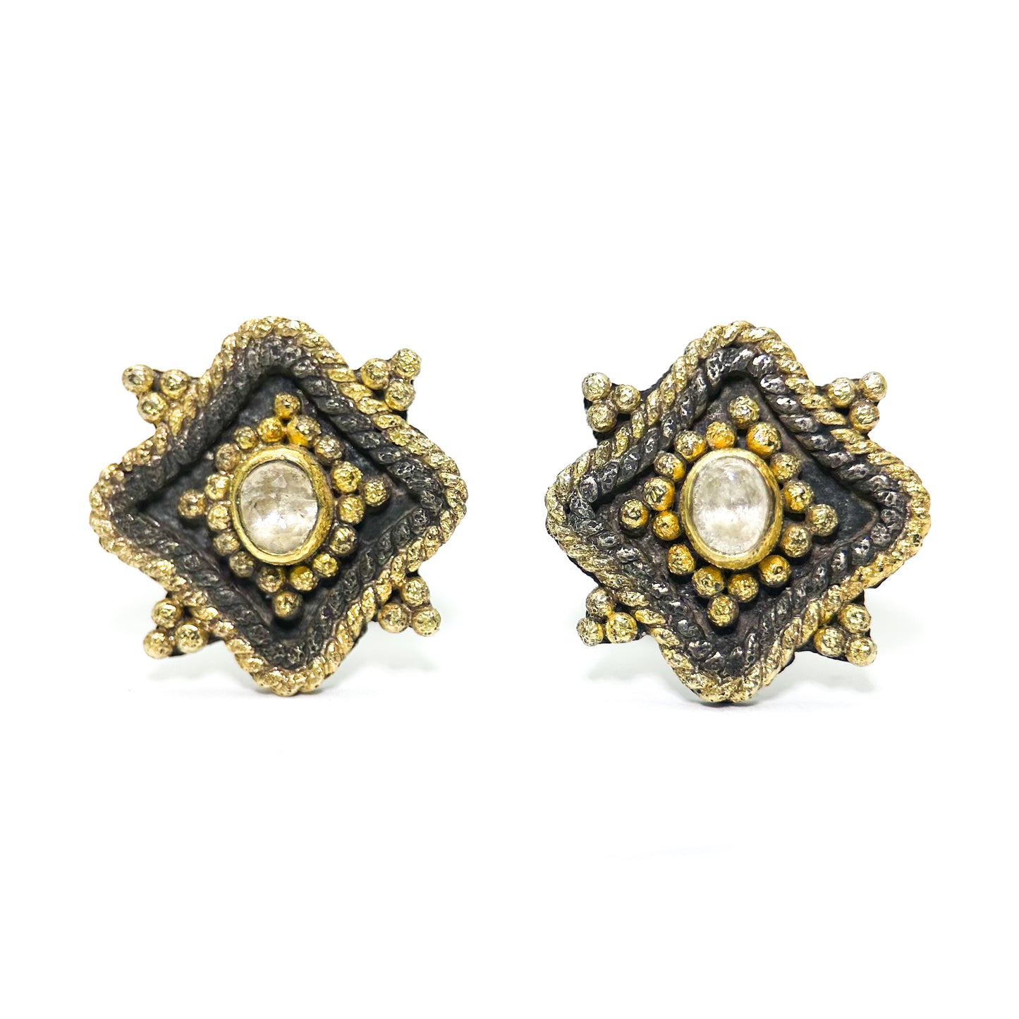 "Tartaria" Stud Earrings (White Sapphire, 18k Gold, Oxidized Sterling Silver)