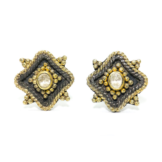 "Tartaria" Stud Earrings (White Sapphire, 18k Gold, Oxidized Sterling Silver)