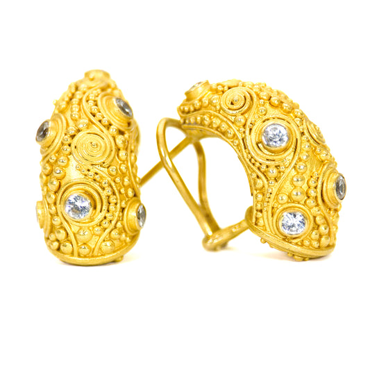 "Neptune Half Moon" Hoop Earrings (White Zircon, 22k, 18k Gold)