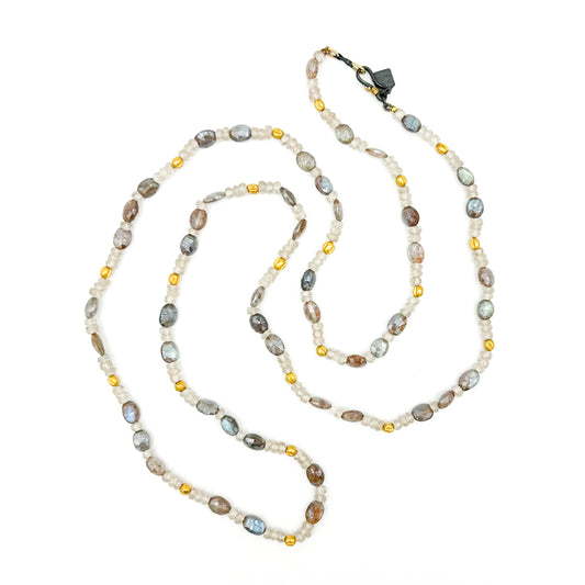 "Long Lola" Necklace/Bracelet (Labradorite, Zircon Beads, 22k, 18k Gold, Oxidized Sterling Silver)