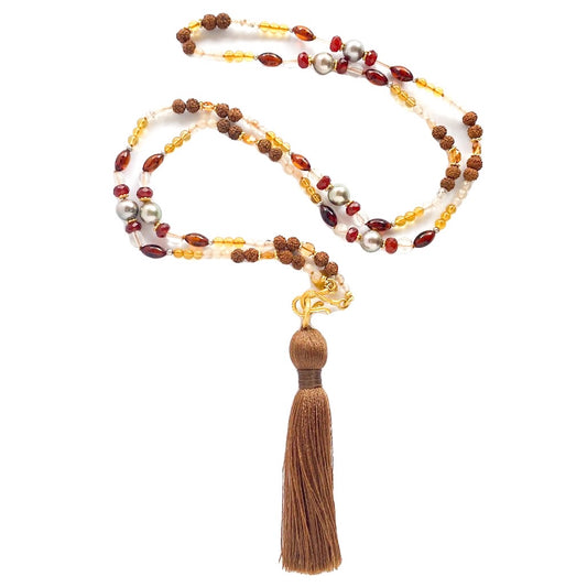 "Udaipur" Necklace (Amber, Quartz Crystal, Garnet, Tahitian Pearl, 18k Gold)