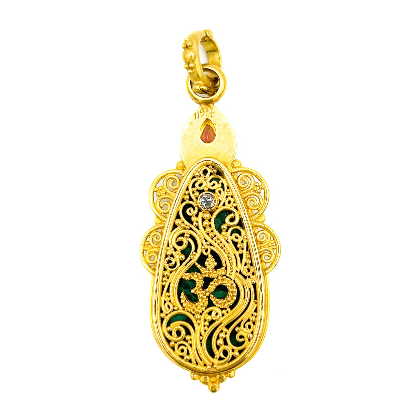 "Tirtagangga" Pendant (Carved Malachite, Ruby, Diamond, 22k, 18k Gold)