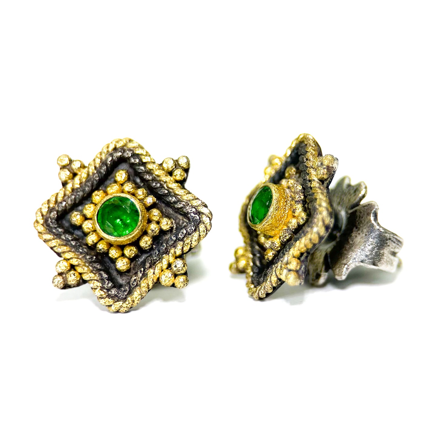 "Tartaria" Stud Earrings (Tsavorite Tourmaline, 18k Gold, Oxidized Sterling Silver)