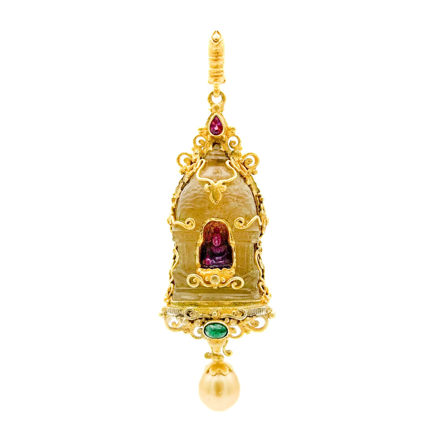 "Candi Buddha" Pendant (Quartz Crystal, Ruby, Emerald, Pearl, 22k Gold, Sterling Silver)