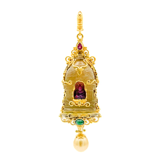 "Candi Buddha" Pendant (Quartz Crystal, Ruby, Emerald, Pearl, 22k Gold, Sterling Silver)