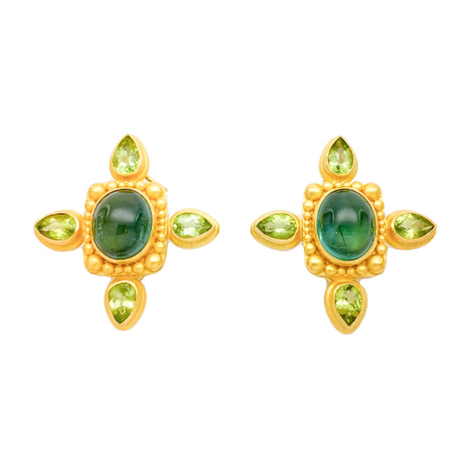 "Konstantin Cross' Stud Earrings (Green Tourmaline, Peridot, 22k Gold)