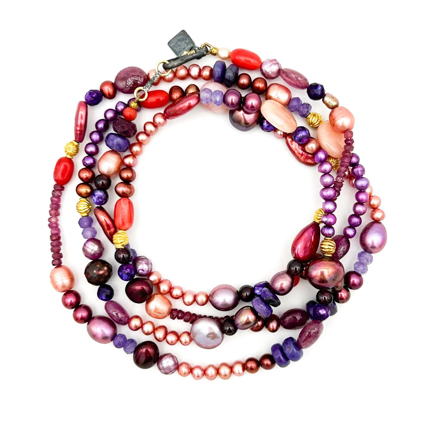 "Woodstock" Necklace (Pink Opal, Pearl, Ruby, Sugilite, Coral, Garnet, Tourmaline, Amethyst, 22k, 18k Gold, Oxidized Sterling Silver