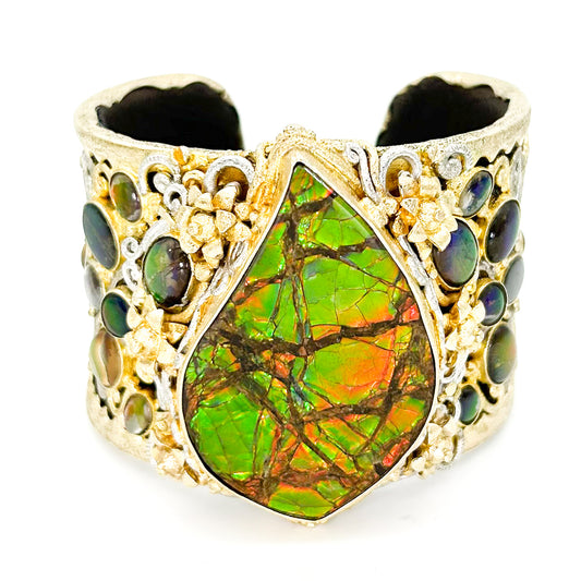 "Ammonita Arabesque" Bracelet (Ammolite, Sterling Silver, 22k Gold Vermeil, Leather)