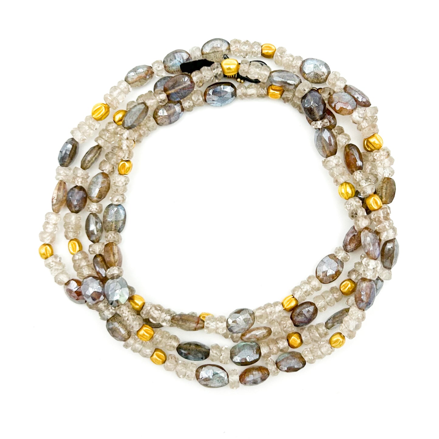"Long Lola" Necklace/Bracelet (Labradorite, Zircon Beads, 22k, 18k Gold, Oxidized Sterling Silver)