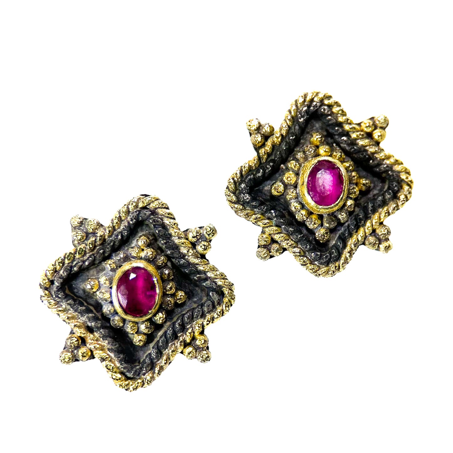 "Tartaria" Stud Earrings (Rubellite Tourmaline, 18k Gold, Oxidized Sterling Silver)