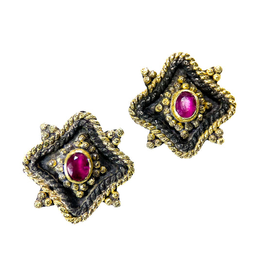 "Tartaria" Stud Earrings (Rubellite Tourmaline, 18k Gold, Oxidized Sterling Silver)