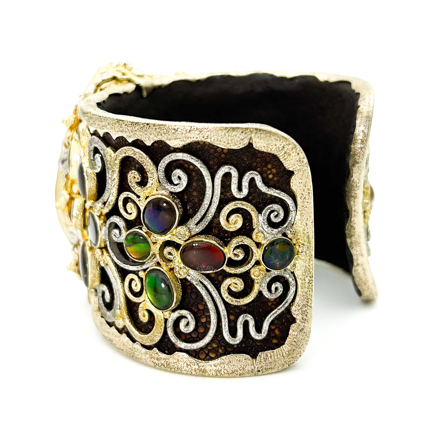 "Ammonita Arabesque" Bracelet (Ammolite, Sterling Silver, 22k Gold Vermeil, Leather)