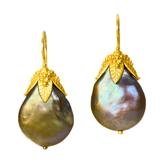 "Four Leaf" Hook Earrings (Pistachio Freshwater Pearl, 22k, 18k Gold)