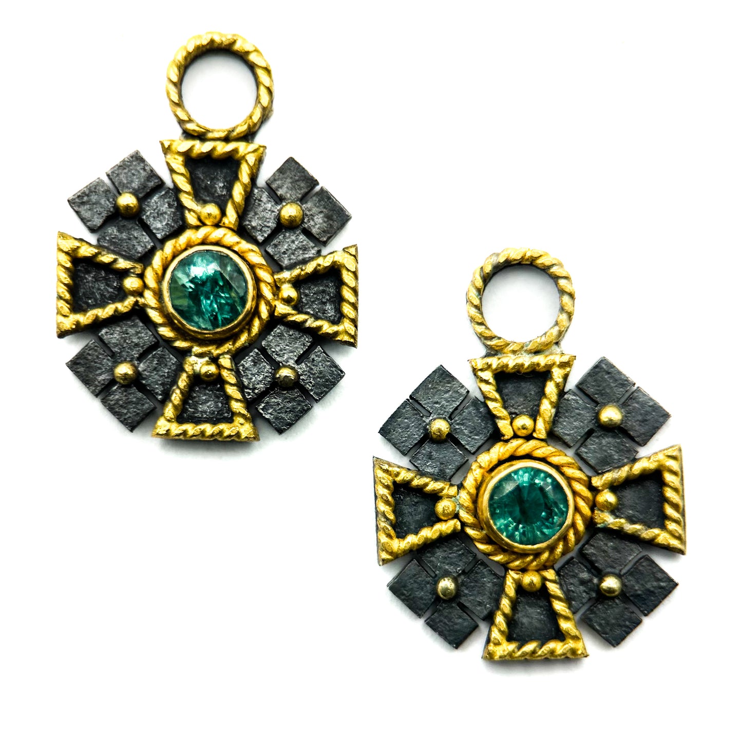 "Maltese Cross" Drops for Hoop Earrings (Paraiba Tourmaline, 22k, 18k, Oxidized Sterling Silver)