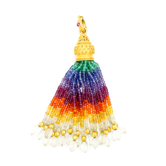"Tradisi Rainbow" Tassel Pendant (Sapphire, Tanzanite, Carnelian, Apatite, Quartz, Ruby, Amethyst, 22k, 18k Gold)