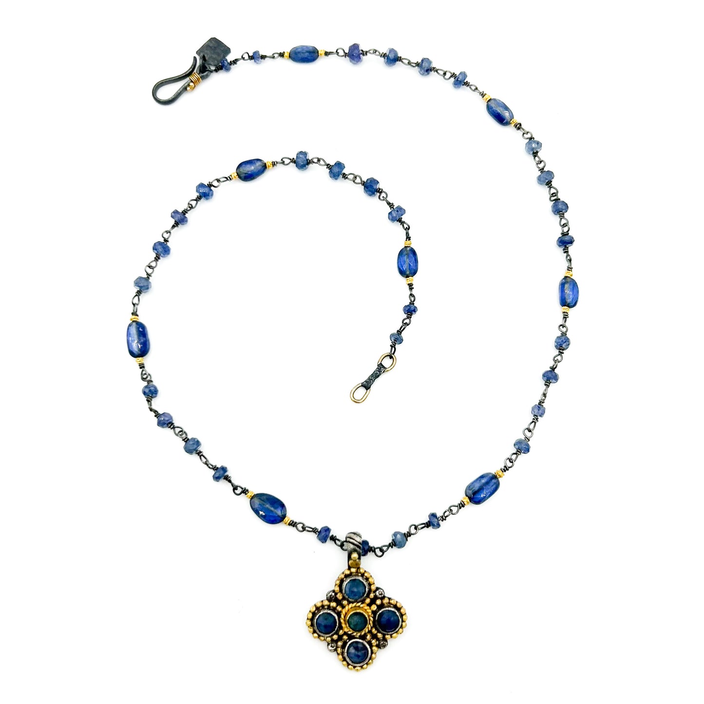 "Mini Maltese" Pendant (Blue Sapphire, 22k Gold, Oxidized Sterling Silver)