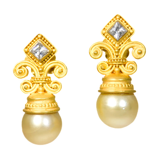 "Fleur de Lys" Earrings (White Zircon, Golden Freshwater Pearls, 22k, 18k Gold)