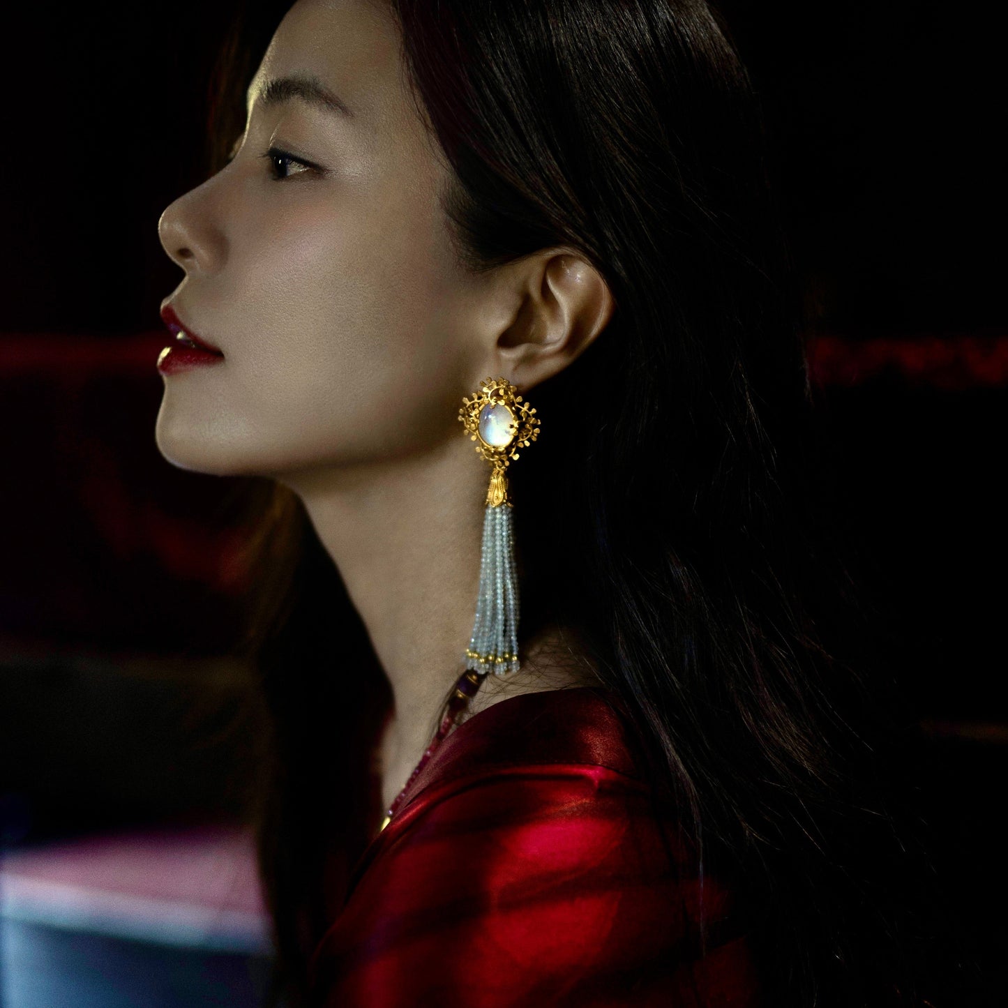 "Seaweed" Button Earrings (Rainbow Moonstone, 22k, 18k Gold)