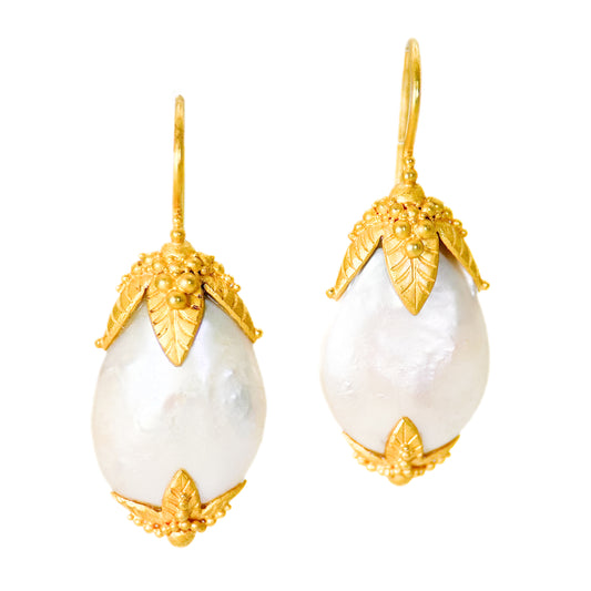 "Sri Lanka" Hook Earrings (White Freshwater Pearl, 22k, 18k Gold)