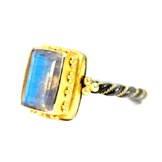 "Oslo Sparkler" Ring (Rainbow Moonstone, 22k Gold, Oxidized Sterling Silver)