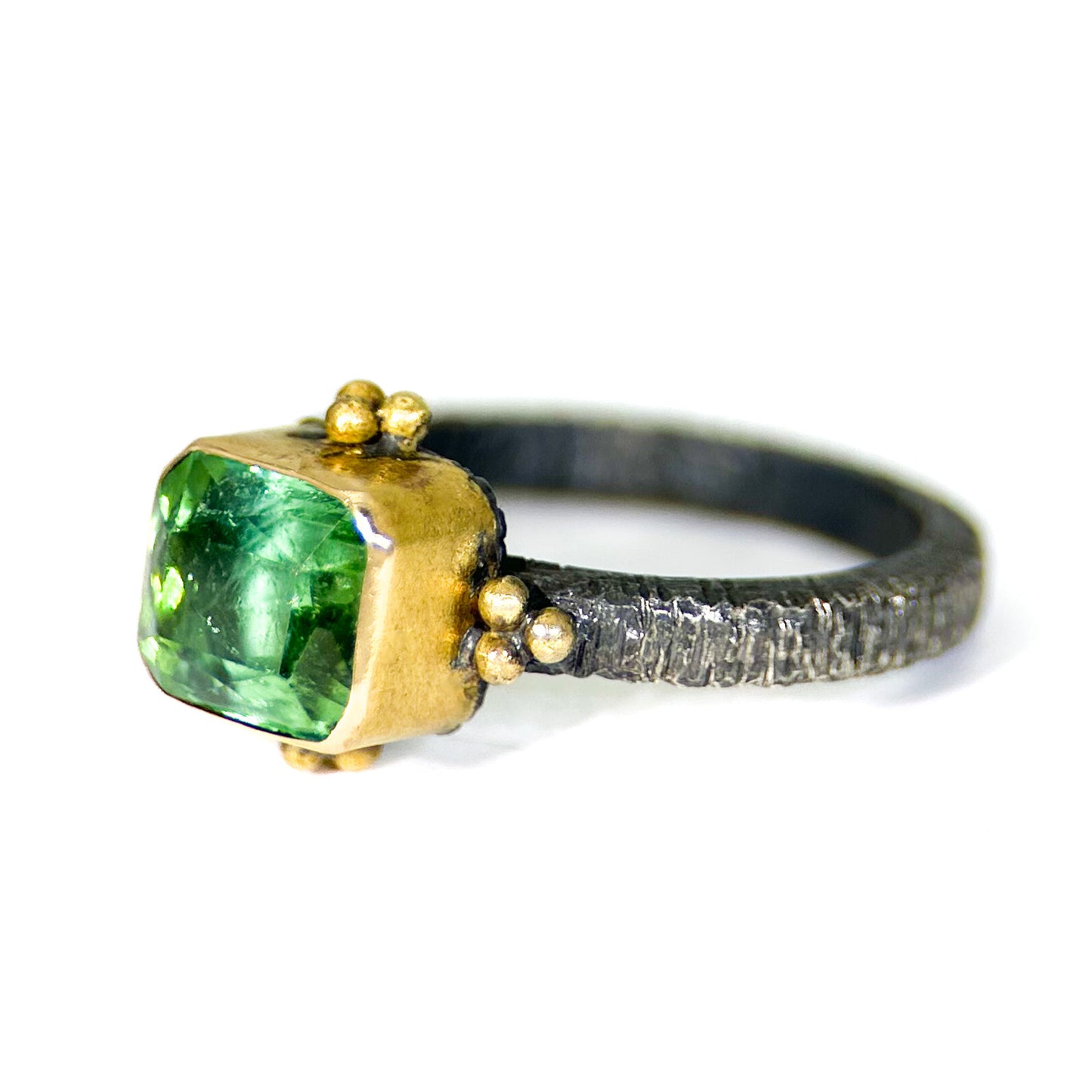 "Marmaris" Ring (Green Tourmaline, 22k, 18k Gold, Oxidized Sterling Silver)