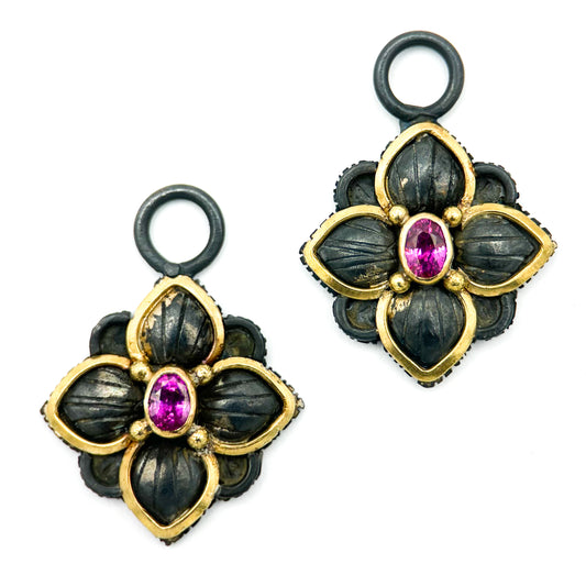 "Lotus" Drops for Hoop Earrings (Ruby, 18k Gold, Oxidized Sterling Silver)