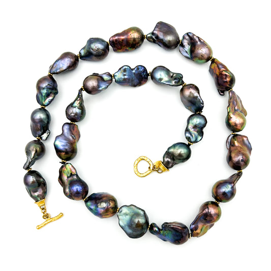 "Lola Baroque" Necklace (Bronze/Peacock Freshwater Pearl, 18k Gold)