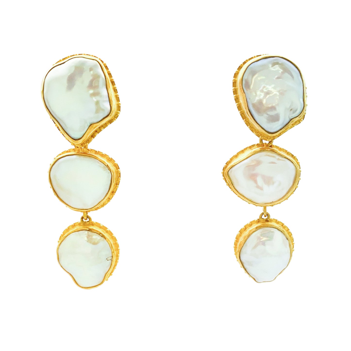 "Luna Fishnet" Dangle Earrings (Freshwater Keshi Pearl, 22k and 18k Gold)