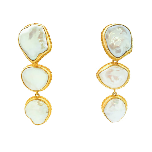 "Luna Fishnet" Dangle Earrings (Freshwater Keshi Pearl, 22k and 18k Gold)