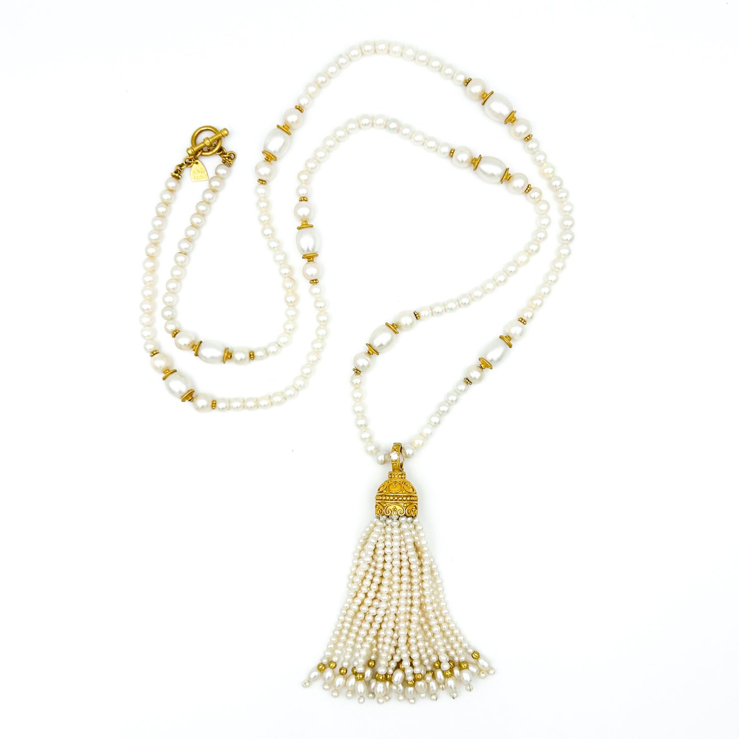 "Westminster" Tassel Pendant (White Freshwater Pearl, 22k, 18k Gold)
