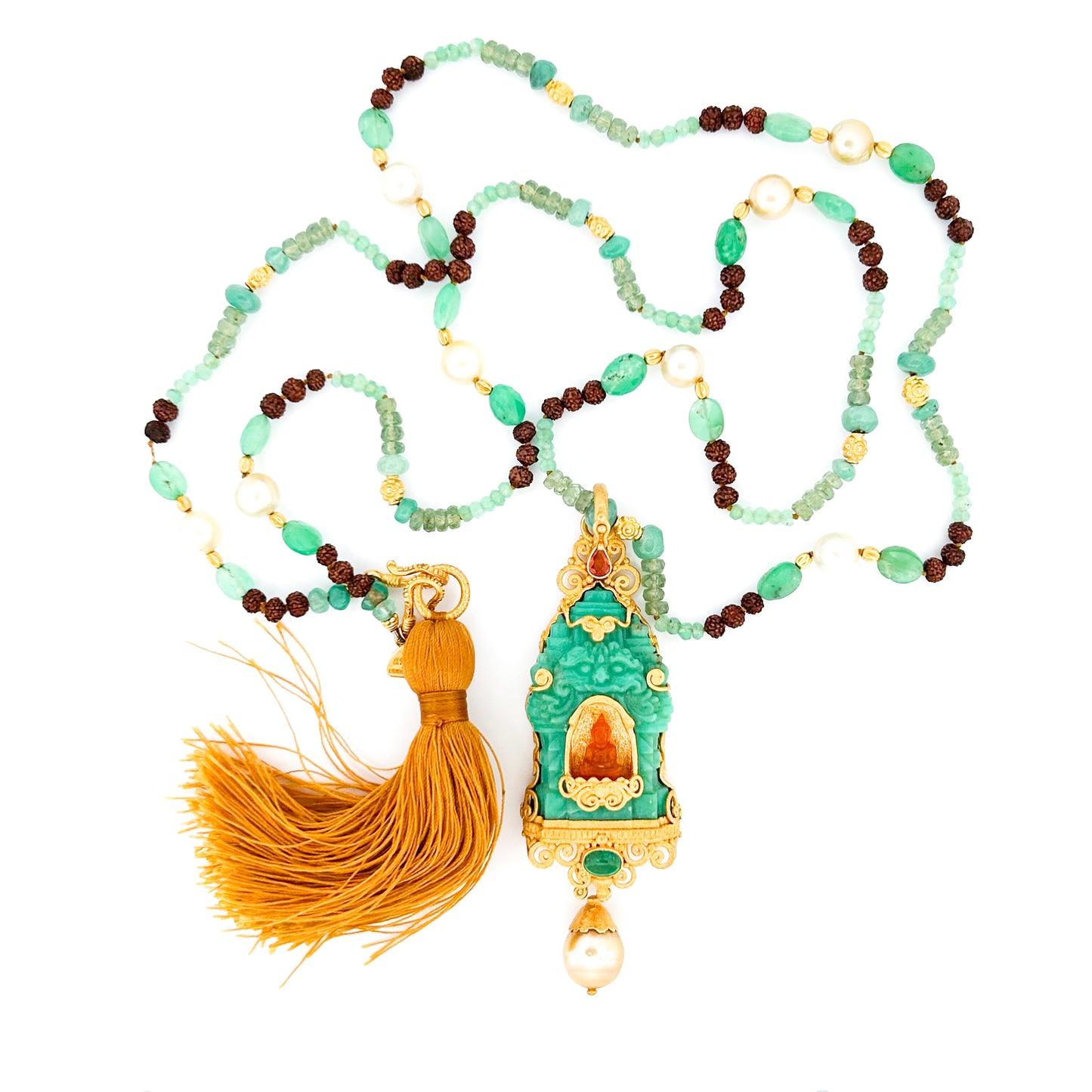 "Candi Shrine Buddha" (Chrysoprase, Carnelian Agate, Sapphire, Emerald, Pearl, 22k, silver)