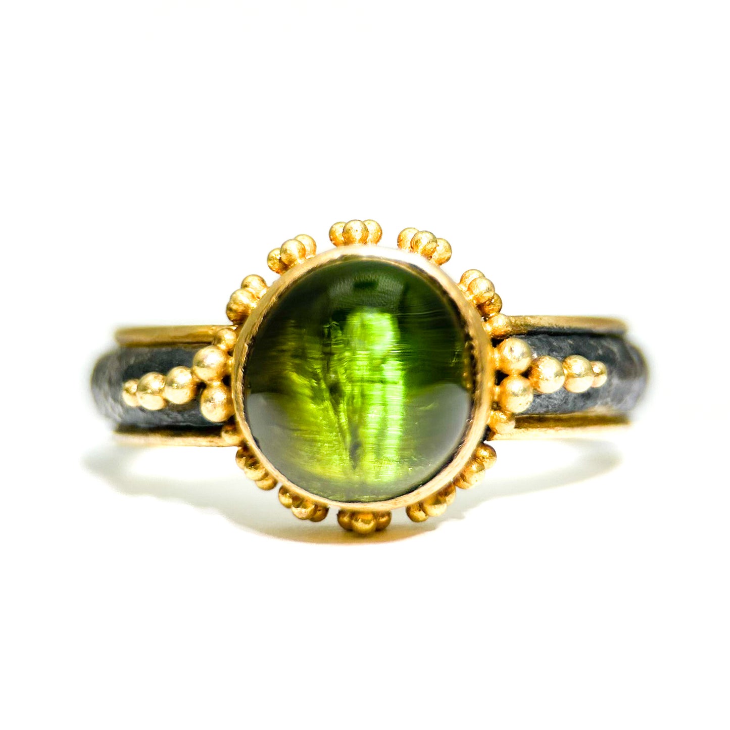 "Khalisi" Ring (Green Cat's Eye Tourmaline, 22k, 18k Gold, Oxidized Sterling Silver)