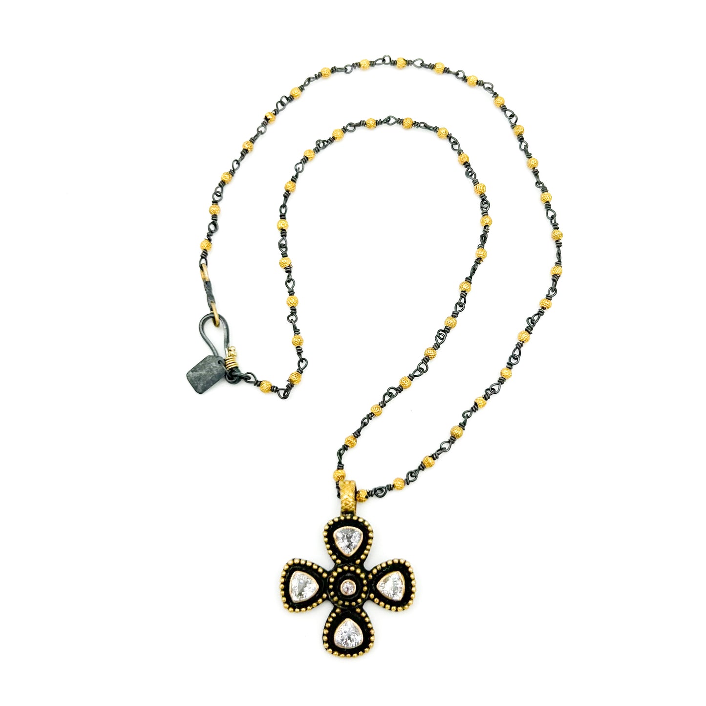 "Mini Malta Cross" Pendant (Natural White Zircon, 18k Gold, Oxidized Sterling Silver)