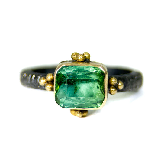 "Marmaris" Ring (Green Tourmaline, 22k, 18k Gold, Oxidized Sterling Silver)